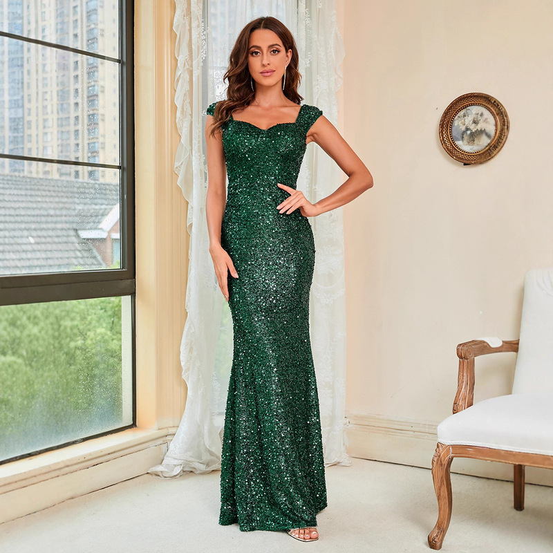 2022 Summer European and American Style Sequined Elegant Green Spaghetti Strap Mid-Waist Party Evening Gown Long Floor-Length Dress