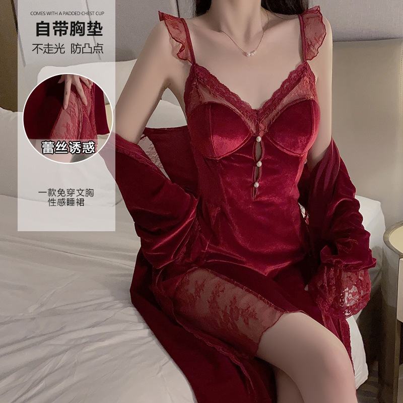 Ruoruo sexy lace transparent deep V Plus chest pad sweet temptation nightdress outer robe velvet home wear suit 3908