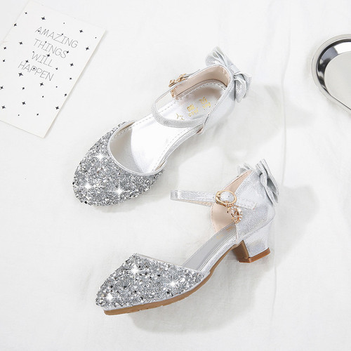  New Summer Korean Style Girls' High-Heeled Sandals Children's Versatile Princess Shoes Silver Color Little Girls' Cap-Toe Shoes
