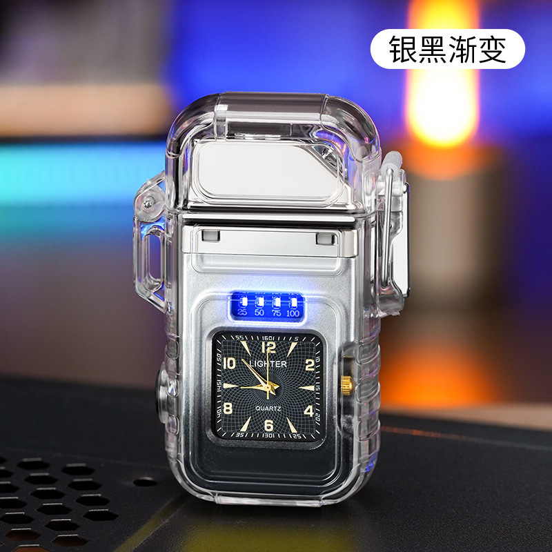 新型腕時計付き防水ライター透明シェルダブルアーク充電シガレット付きCOB強光照明卸売り|undefined