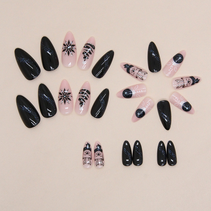 Bleu noir ciel scintillant rose amande armure flocon de neige wapiti nuit de Noël faux ongles_voghion.com