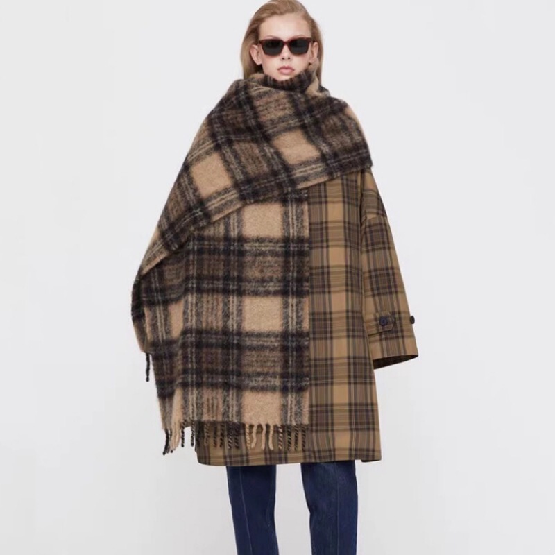 TOT Alpaca Mohair Check Scarf Women's Autumn and Winter Wool Shawl Plaid Velvet Tassel Warm Neck for Men