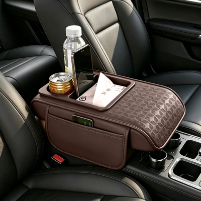 Cup Holder, Tissue Box, Car | Armrest box pad - four-leaf-clover-curved-version-coffee-color