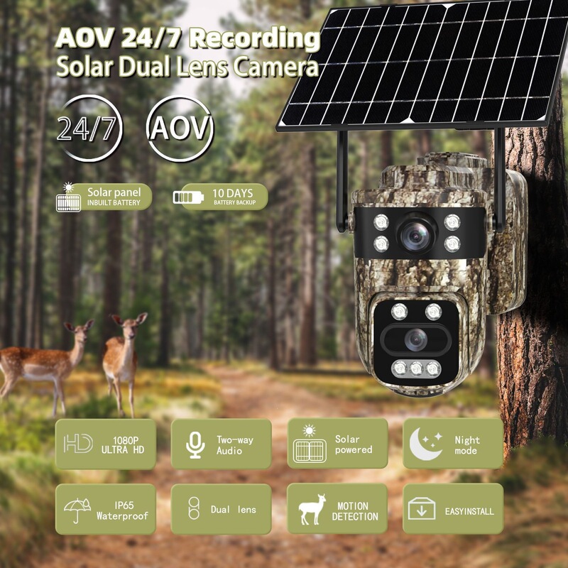 Solar-Powered Surveillance Camera Aov Low-Power Consumption Hieasy Cross-Border 3Mp Full-Color Night Vision 4g Network Dual-Lens Camouflage