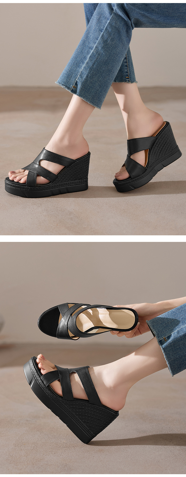 Sandal cao gót nữ hở mũi đế xuồng 10 cm — đen chi tiết 5