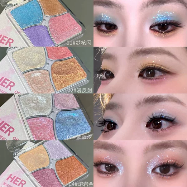 Herorange Floral Four-Grid Highlighter Multi-Use Palette Fine Shimmer Ultra Sparkling Glitter Earth Tones Affordable Makeup Wholesale
