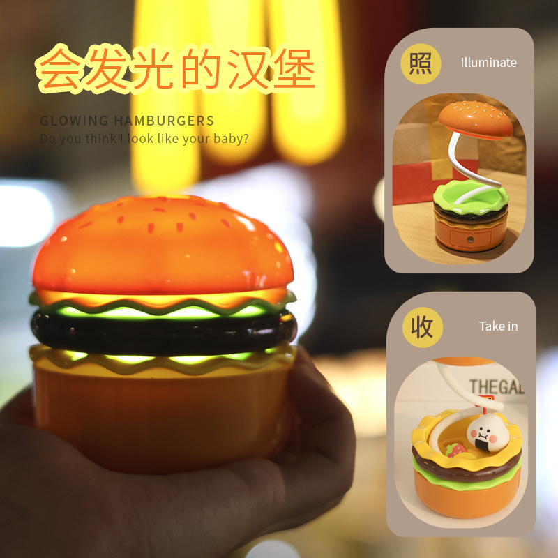 Hamburguesa transfronteriza luz de noche sacapuntas luz de noche LED puede almacenar mesa de ambiente hamburguesa de dibujos animados con lápiz