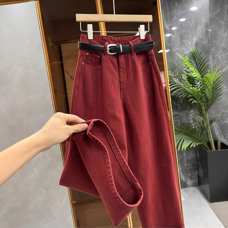 High-Waisted Burgundy Floor-Length Straight-Leg Jeans for Women, 2025 Spring/Summer New Design, Slimming Loose Wide-Leg Pants, Trendy High-Waisted Burgundy Floor-Length Straight-Leg Jeans for Women, 2025 Spring/Summer New Design, Slimming Loose Wide-Leg Pants, Trendy