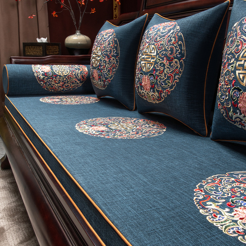 Nuevo estilo chino de palo de rosa sofá cojín de madera maciza muebles sofá cojín cubierta de lino Rohan cama cojín de cinco piezas