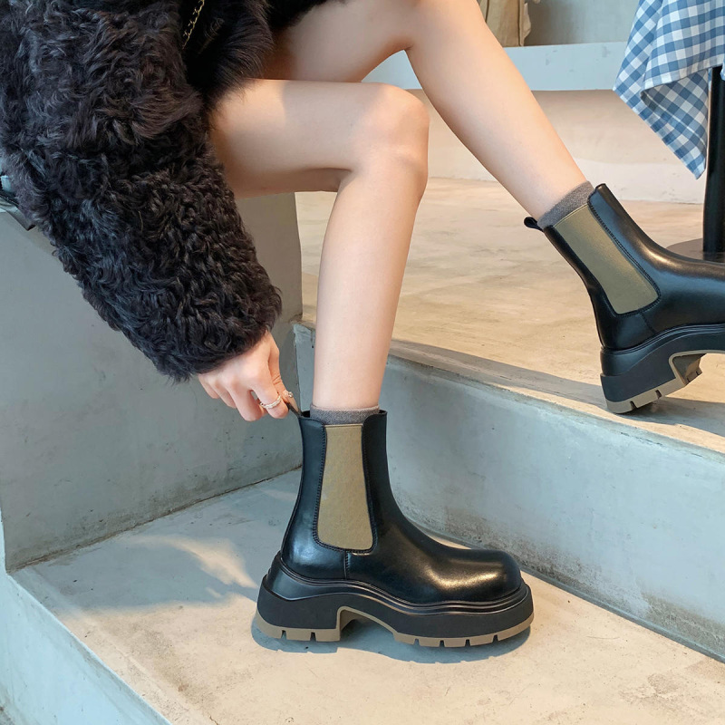 葡葡家studio 新款时髦圆头粗跟切尔西短靴厚底百搭烟筒马丁靴女|undefined