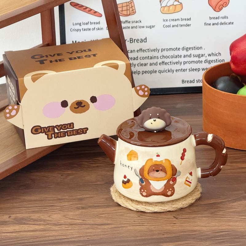 パン子犬かわいいカップ偽ケトル高価値セラミックカップ漫画スプーン蓋付きお土産カップルユニバーサルカップ|undefined