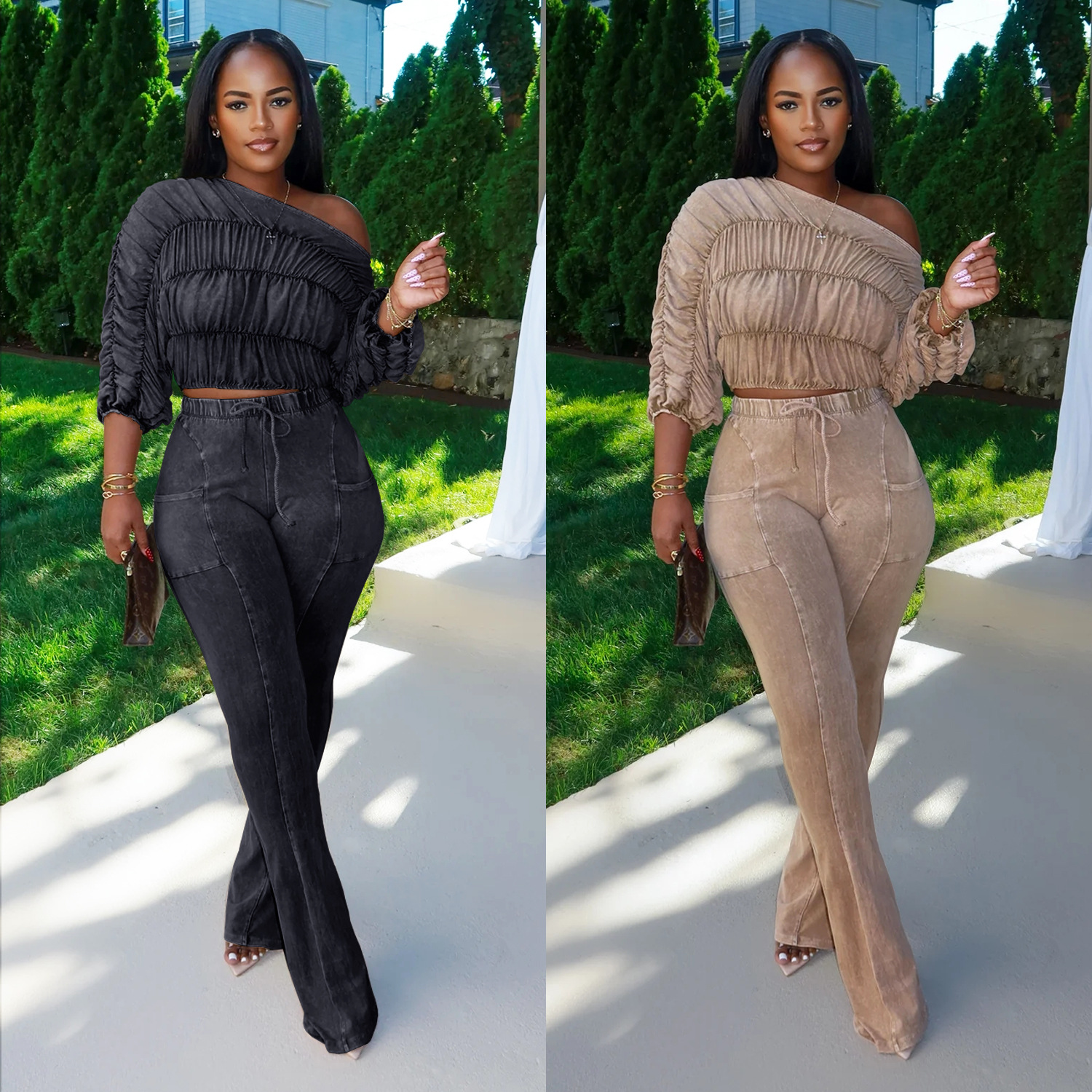 C7568 Aliexpress transfronterizo Amazon ropa de moda europea y americana para mujeres hace viejos hombros inclinados plegados mini-pantalones casuales conjunto
