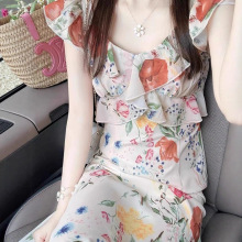 正品哥家新款2025夏法式复古吊带连衣裙女荷叶边收腰显瘦长裙