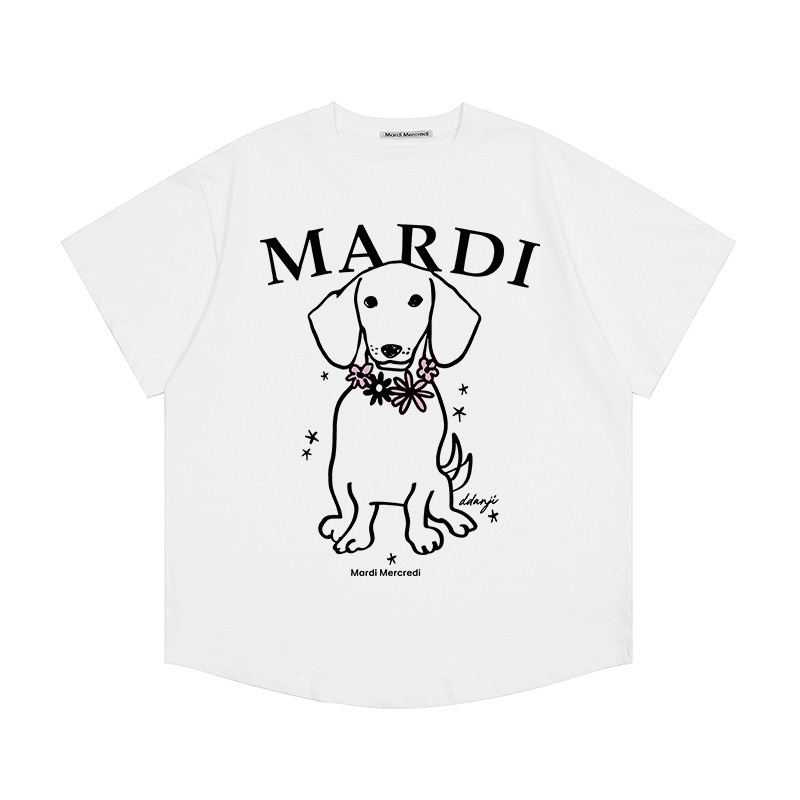 韓国マルディ Tシャツダックスフントレタープリントルーズカジュアルラウンドネック半袖 Tシャツトップ女性用