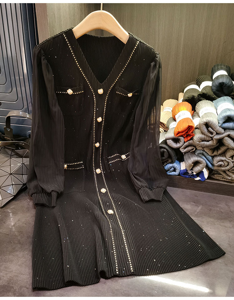 Váy maxi nữ cổ chữ V tay lồng lưới sequin xếp ly thắt eo — Màu đen, Màu xanh đậm chi tiết 14