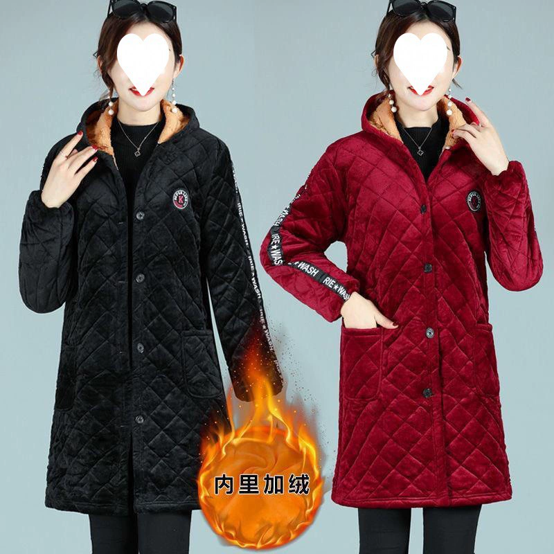Утолщенный бархатный халат для взрослых женщин, осенняя и зимняя одежда, новая одежда средней длины с хлопковой подкладкой, одежда для мам, одежда с хлопковой подкладкой, куртки с хлопковой подкладкой для среднего и пожилого возраста.