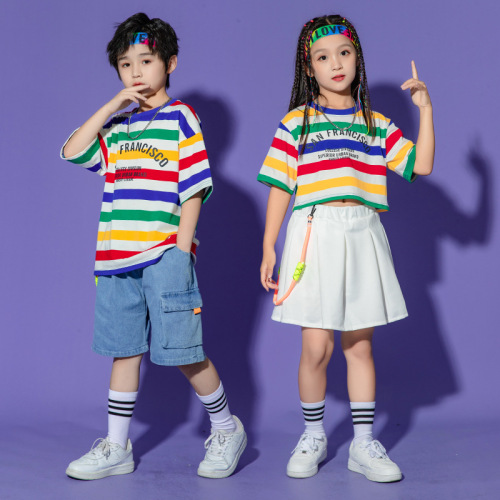 Boys girls rainbow striped hiphop street dance costumes rapper singers dancers outfits Cheerleaders performance uniforms hip-hop clothing kindergarten jazz dance suit games