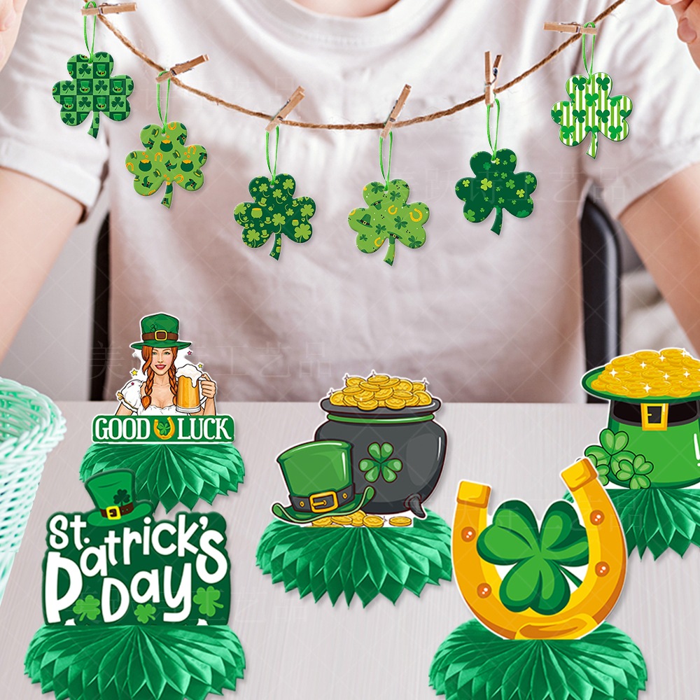 Nuevo día de San Patricio decoración de escritorio fiesta irlandesa trébol oro moneda panal Decoración