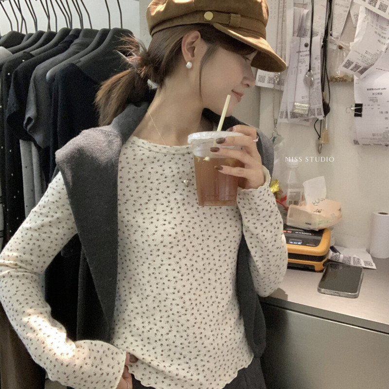 miss密思2025秋季新款韩版碎花修身显瘦圆领上衣女长袖t恤打底衫|undefined