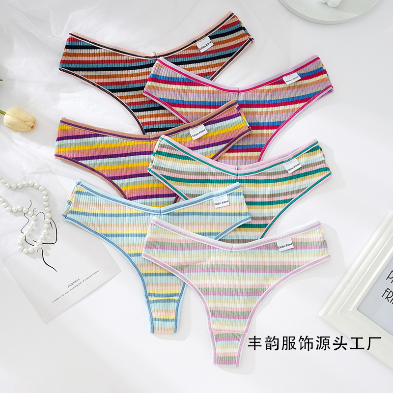 ホットな女性向け、コントラストカラーのレインボーストライプ柄、既製の純綿ショーツ、ローウエストTバック下着、通気性のある純綿|undefined