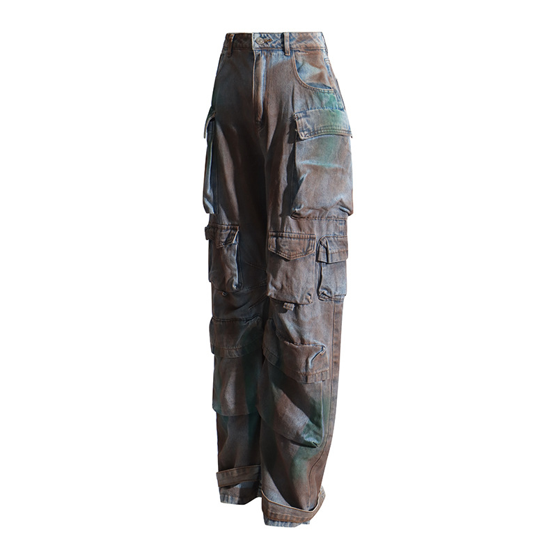 Pantalones de estilo de herramientas de moda 2025 verano nuevo estilo costura diseño de bolsillo de alta calidad cintura alta pantalones vaqueros delgados mujeres