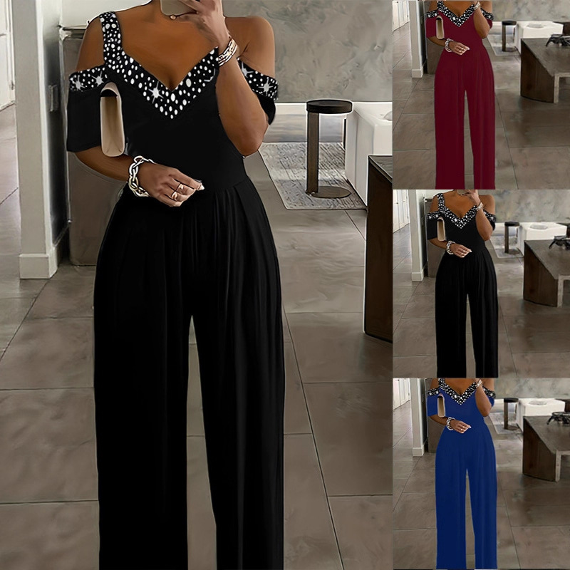 2025 New Women's Off-Shoulder Jumpsuit with Polka Dot Patchwork, V-Neck Wide-Leg One-Piece Pants, Cross-Border Fashion for Parties and Commuting