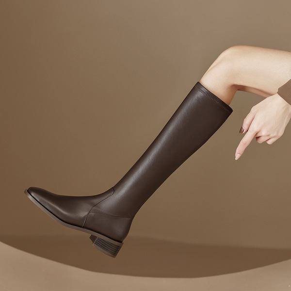 Demi-season retro brown elastic high boots square toe