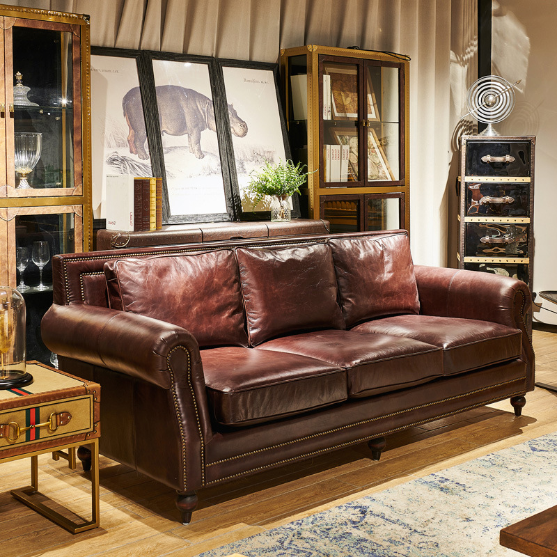 中古风欧美式真皮沙发客厅复古油蜡头层牛皮直排羽绒客厅铆钉沙发