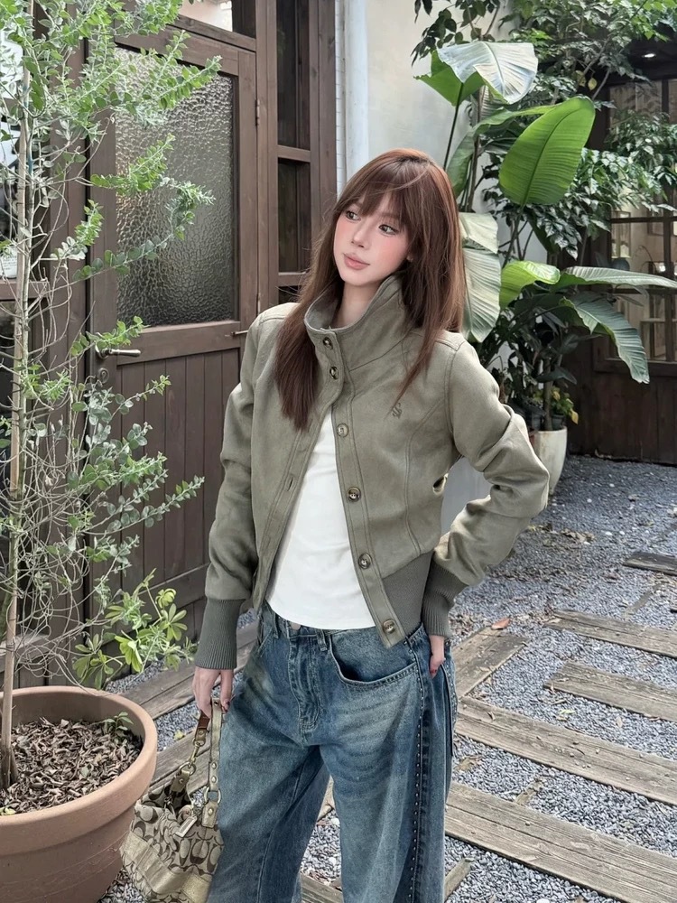 American High Street Stand-Up Collar Suede Jacket for Women in Autum New Slim Fit Design Fashionable Versatile Jacket Top