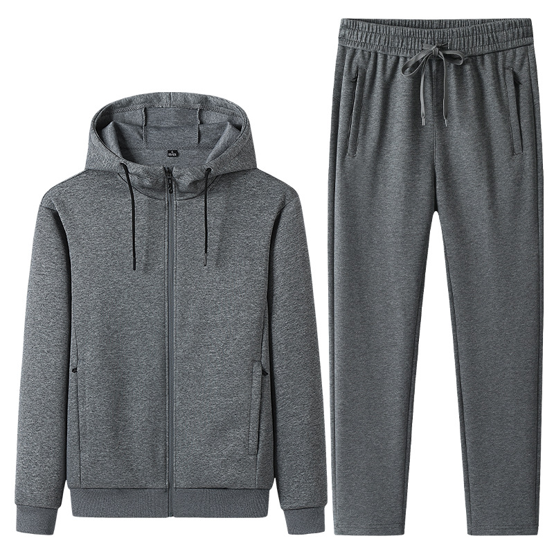 Traje deportivo de algodón transfronterizo para hombres primavera y otoño running cardigan con capuz, chaqueta, pantalones rectos, tamaño grande de dos piezas