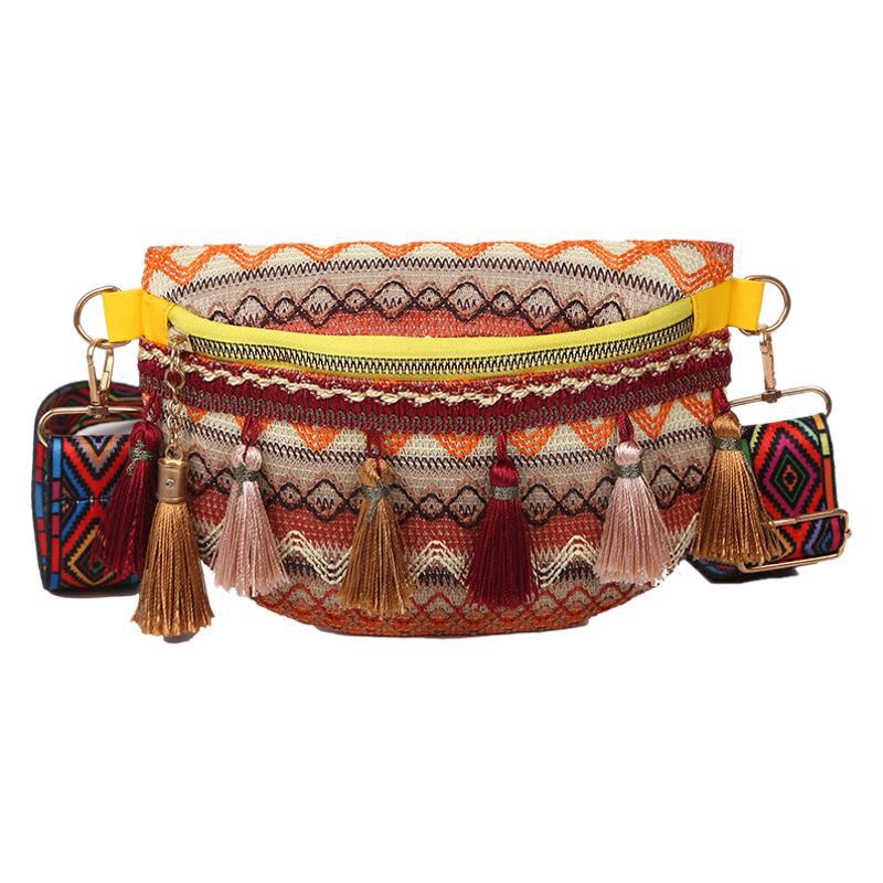 Bolso de mujer nueva pequeña fragancia bolso de pecho tejido estilo nacional de viento de color de choque bordilla nuevo cinturón de color retro bolso de cintura bolso de mochila