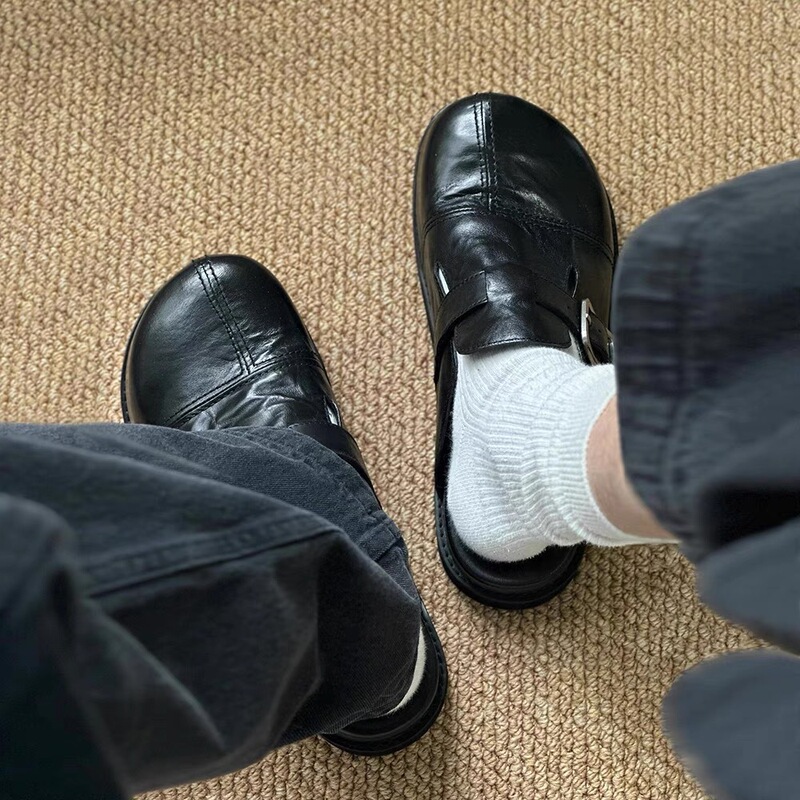 in stock Washed Cowhide ~ Vintage Genuine Leather Platform Burken Shoes Women's New Lazy Leather Shoes Bocken Slippers Sandals