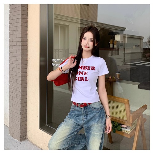 220g 40-ply 92% cotton 8% spandex short-sleeve women's design straight-shoulder women's hot girl slim fit T-shirt