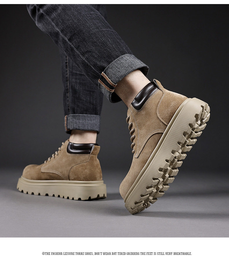 Giày bốt Martin nam da lộn đế dày tăng chiều cao, bốt cổ trung đi phượt — 76928 kaki chi tiết 12