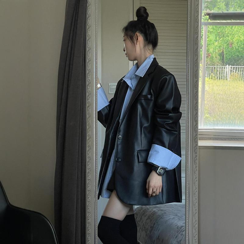 皮衣西装外套女2025早秋外套新款黑色复古宽松休闲气质高级感上衣|undefined