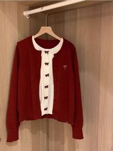韩系蝴蝶结红色假两件开衫毛衣女秋冬2025新款松弛感慵懒风针织衫