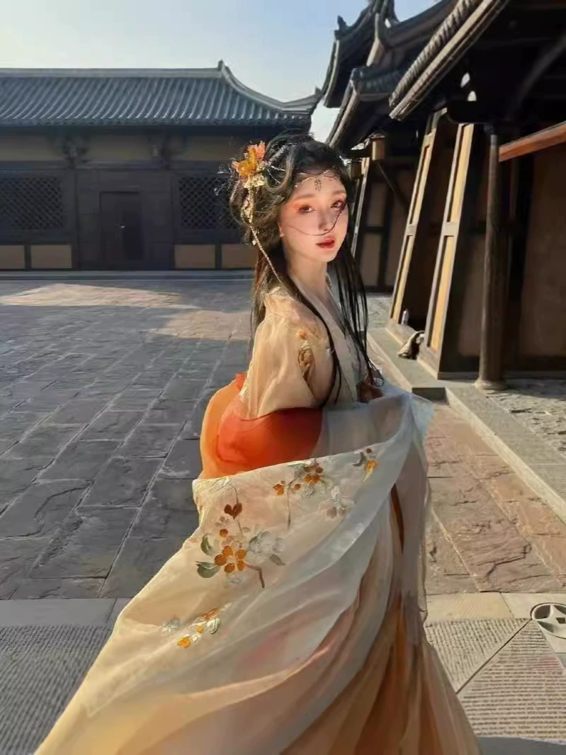 Оригинальный Hanfu женский нефритяный Сун Тан система одно полотно вышивка, грудь супер фея, плотная работа, вышивка большой рукав весна и лето комплект