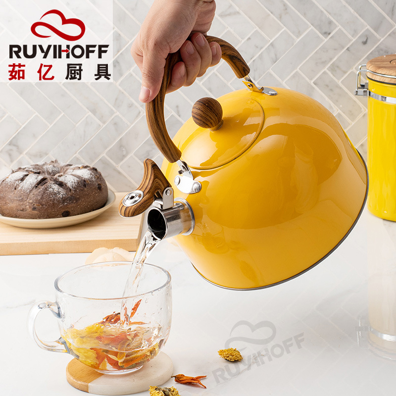 utensilios de cocina europeos y estadounidenses con fondo plano sonido tetera de agua 3L Amazon pintado amarillo flauta tetera de té y café
