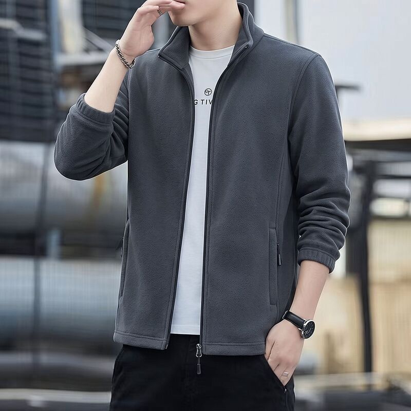 Casual Stand Collar Jacket for Men, New Autumn and Winter Loose Fit Versatile Fleece Large Size Solid Color Top Coat Men's Clothing