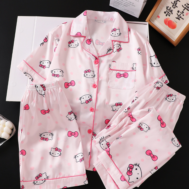 Girls' Ice Silk Pajamas for Older Children, Suitable for Outdoor Wear, Summer Thin Short-Sleeve Long Pants Three-Piece Set, Cartoon Style Home Wear Girls' Ice Silk Pajamas for Older Children, Suitable for Outdoor Wear, Summer Thin Short-Sleeve Long Pants Three-Piece Set, Cartoon Style Home Wear