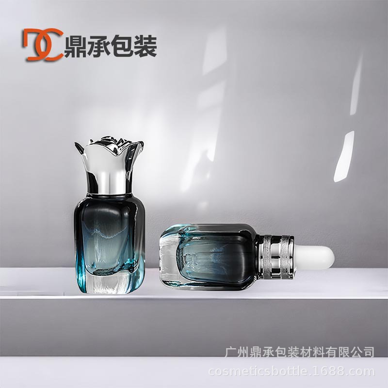 至鼎现货滴管原液瓶精华瓶网格底玻璃瓶绿色四方精油瓶