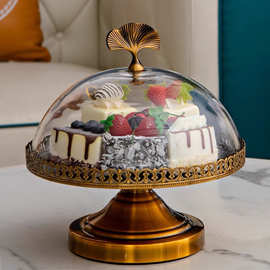 轻奢精致甜品盘带盖金属蛋糕台高级感家用面包茶点透明展示托盘