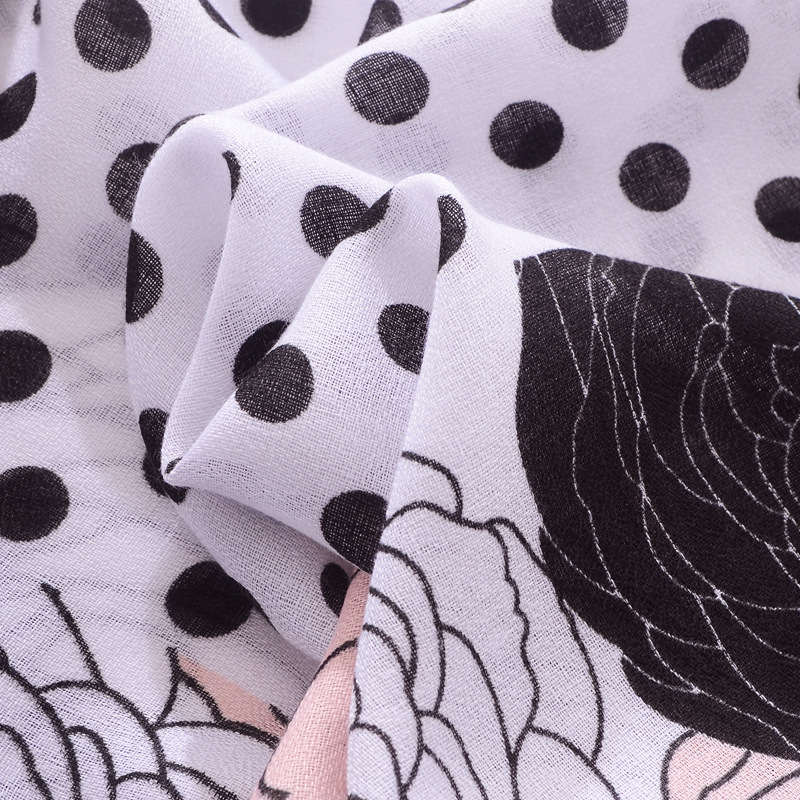 Europa y América bufanda delgada larga protector solar chal tamaño punto floral impreso algodón y lino sensación trenza borla bufanda