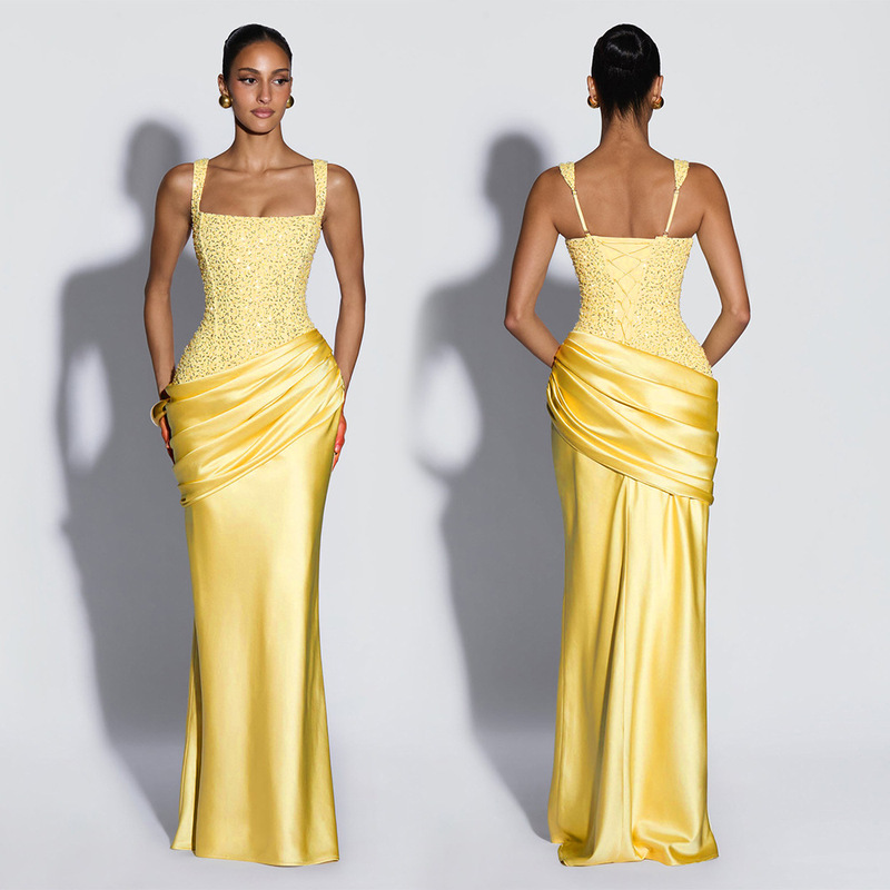 Cross-border European and American sequined sexy evening dress with square neckline, spaghetti straps, waist-cinching satin pleated fishtail long party dress Cross-border European and American sequined sexy evening dress with square neckline, spaghetti straps, waist-cinching satin pleated fishtail long party dress
