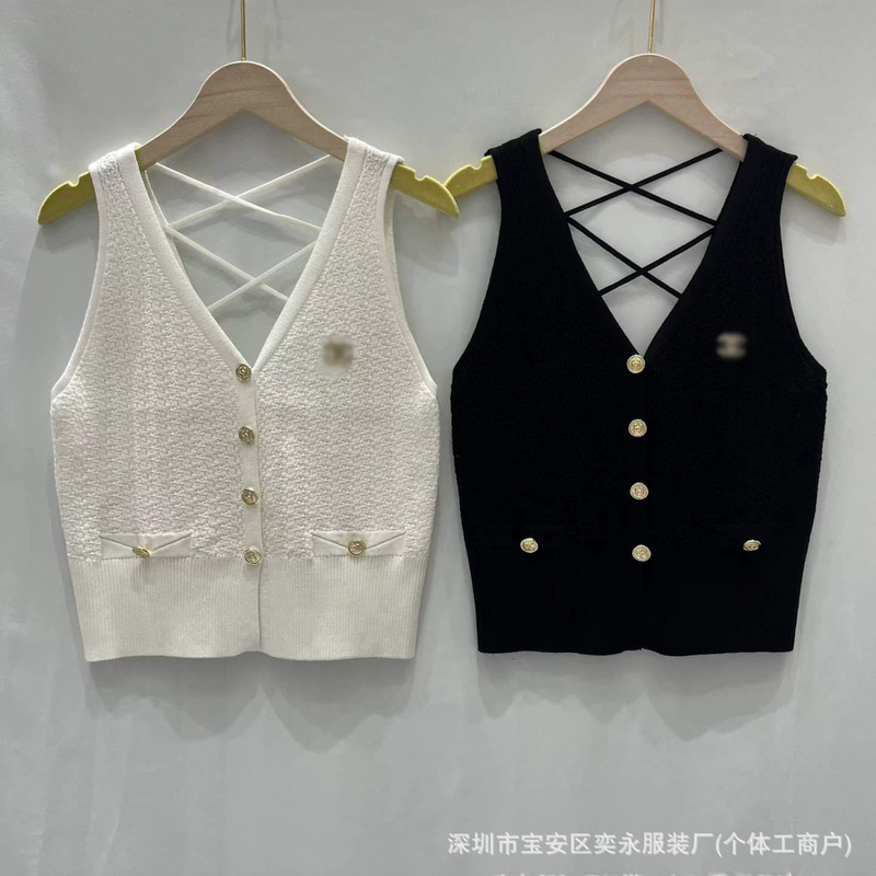 In-Stock 2026 Summer New Fashion Tops for Women, Backless Ribbed V-Neck Gold Button Sleeveless Knit Vest