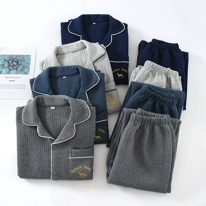 Осенняя Мужская пижама с воздушным слоем, осенне-зимняя хлопковая однотонная с длинным рукавом, большие размеры, тонкая хлопковая теплая Домашняя одежда, удобный костюм