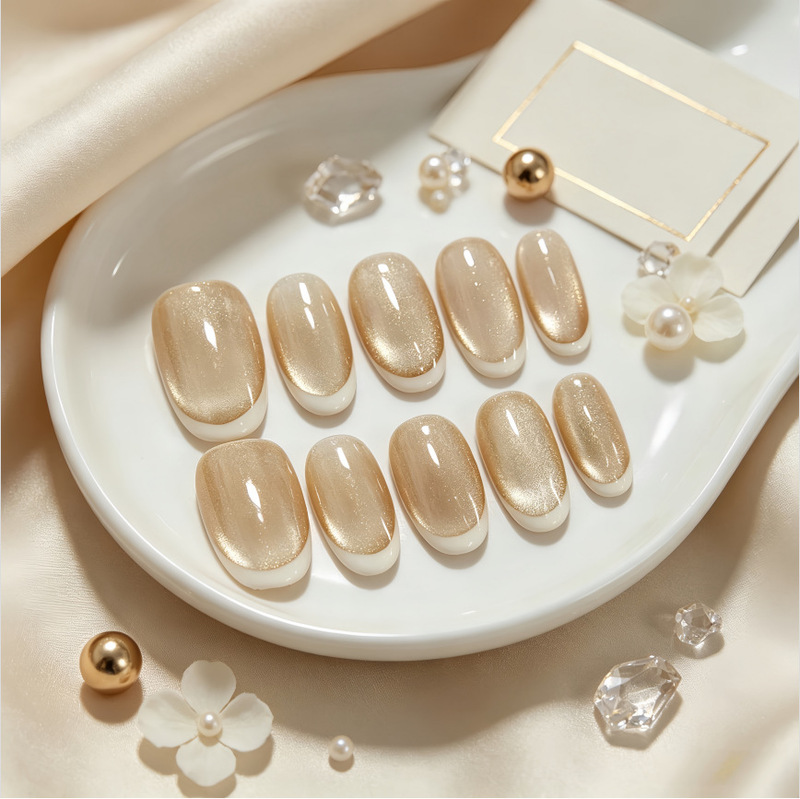 French-style cat-eye simple and elegant nail tips, high-saturation, dazzling, wearable short nails, versatile, INS-style, purely handmade