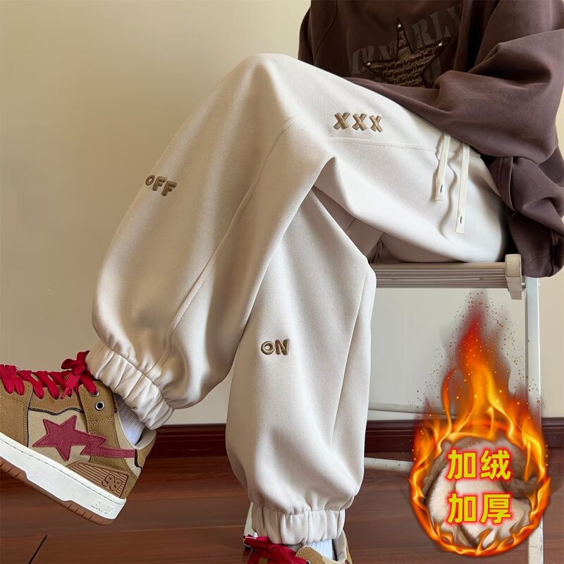 Shirt less clothing fleece-lined sweatpants men's Hong Kong style loose autumn and winter new fashion trendy embroidered ankle-tied casual pants Shirt less clothing fleece-lined sweatpants men's Hong Kong style loose autumn and winter new fashion trendy embroidered ankle-tied casual pants