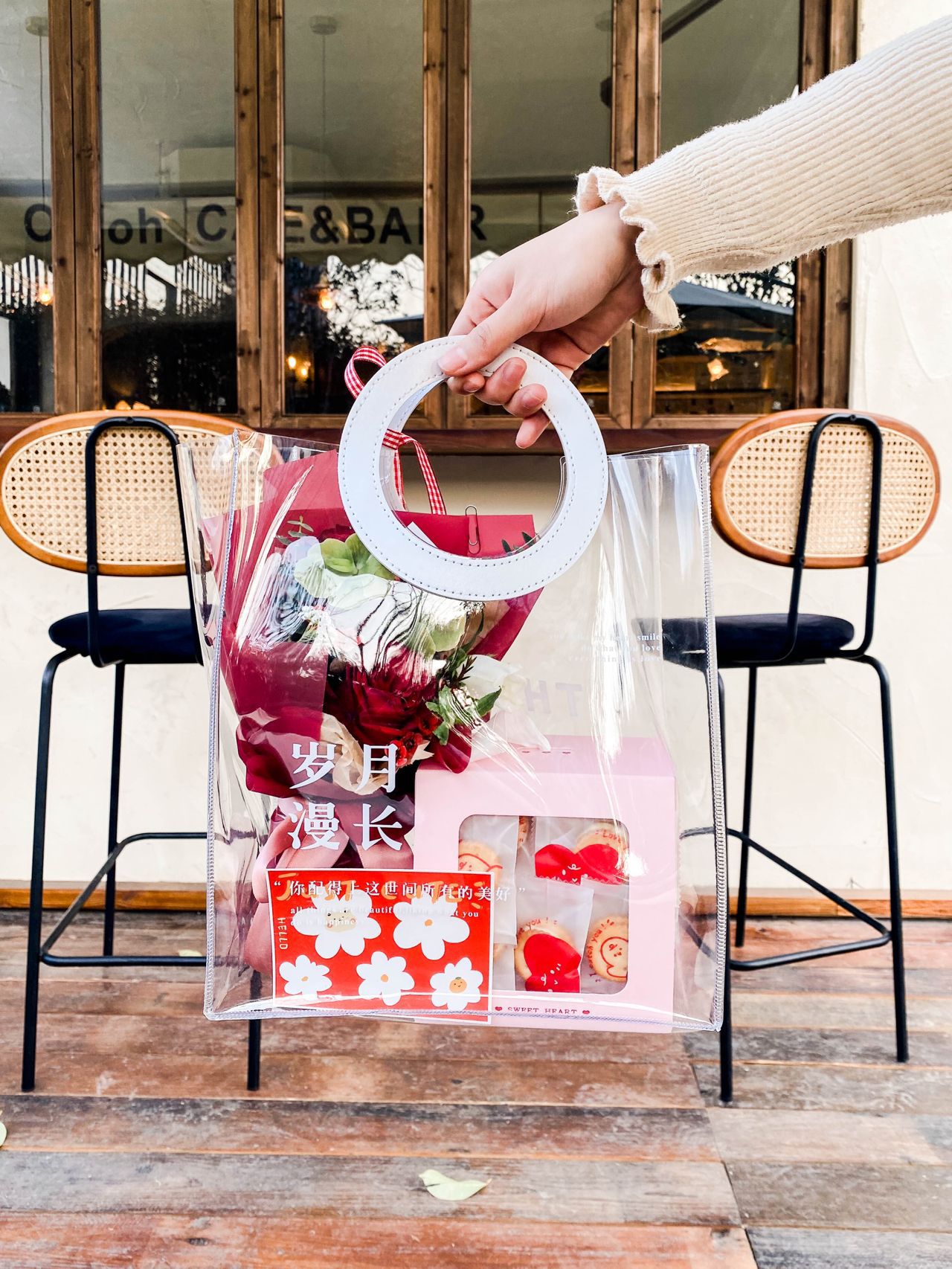 透明皮质白色圆手提果冻袋花束礼品袋鲜花伴手礼袋花店喜铺用品