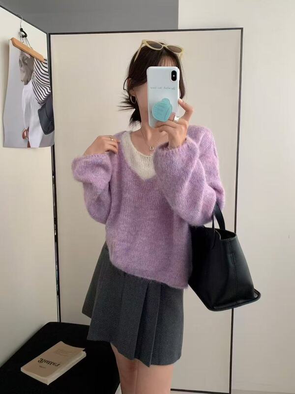 素色V领假两件针织衫女秋季叠穿新款软糯内搭套头毛衣温柔风女装|undefined